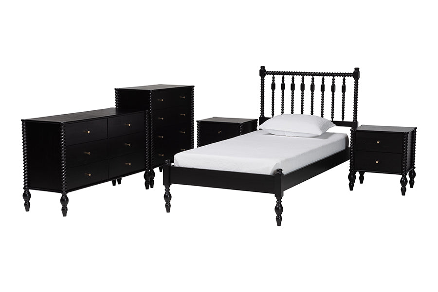 Baxton Studio Callison Spindle 5-Piece Bedroom Set - Farmhouse Platform Bed with Matching Dresser, Chest, and 2-Drawer Nightstands, Black. Twin