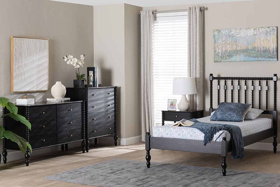 Baxton Studio Denita Spindle 4-Piece Bedroom Set - Farmhouse Platform Bed with Matching Dresser, Chest, and 1-Drawer Nightstand, Black, Twin