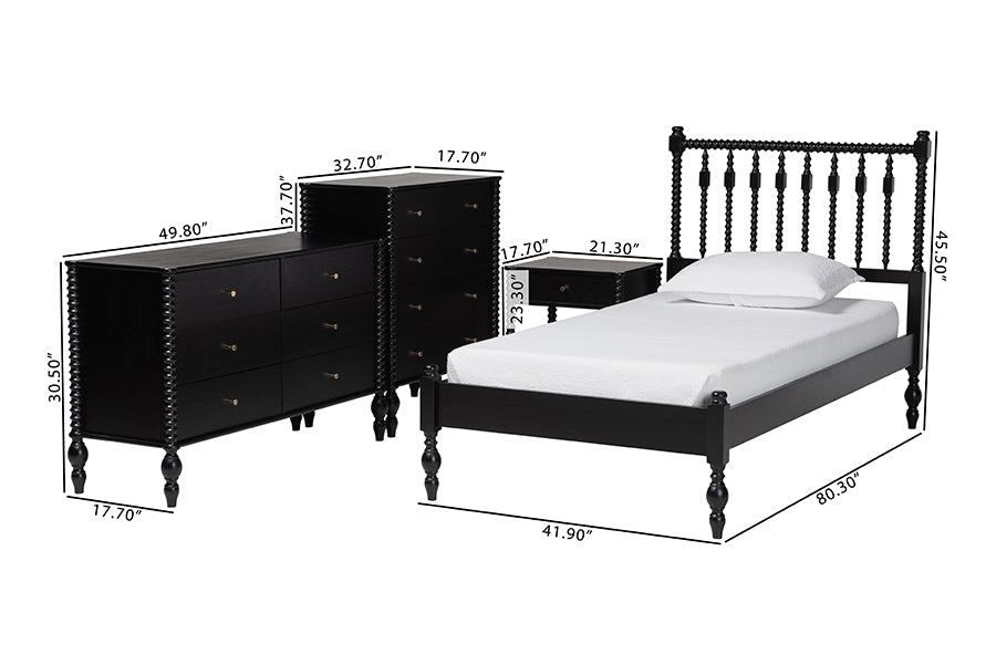 Baxton Studio Denita Spindle 4-Piece Bedroom Set - Farmhouse Platform Bed with Matching Dresser, Chest, and 1-Drawer Nightstand, Black, Twin