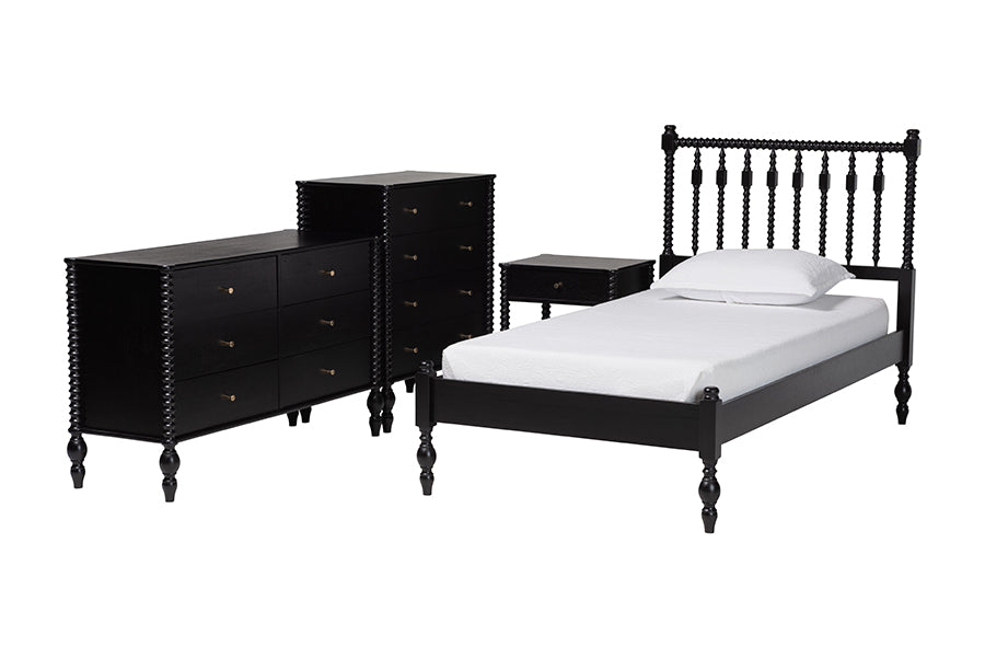 Baxton Studio Denita Spindle 4-Piece Bedroom Set - Farmhouse Platform Bed with Matching Dresser, Chest, and 1-Drawer Nightstand, Black, Twin