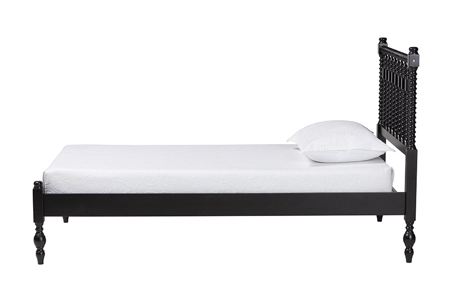 Baxton Studio Callison Spindle Platform Bed - Turned Farmhouse Bed Frame with Spoked Headboard and Sculpted Legs, Black, Twin