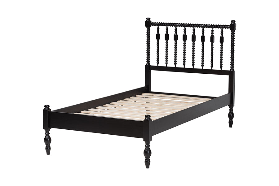 Baxton Studio Callison Spindle Platform Bed - Turned Farmhouse Bed Frame with Spoked Headboard and Sculpted Legs, Black, Twin
