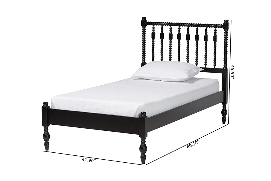 Baxton Studio Callison Spindle Platform Bed - Turned Farmhouse Bed Frame with Spoked Headboard and Sculpted Legs, Black, Twin