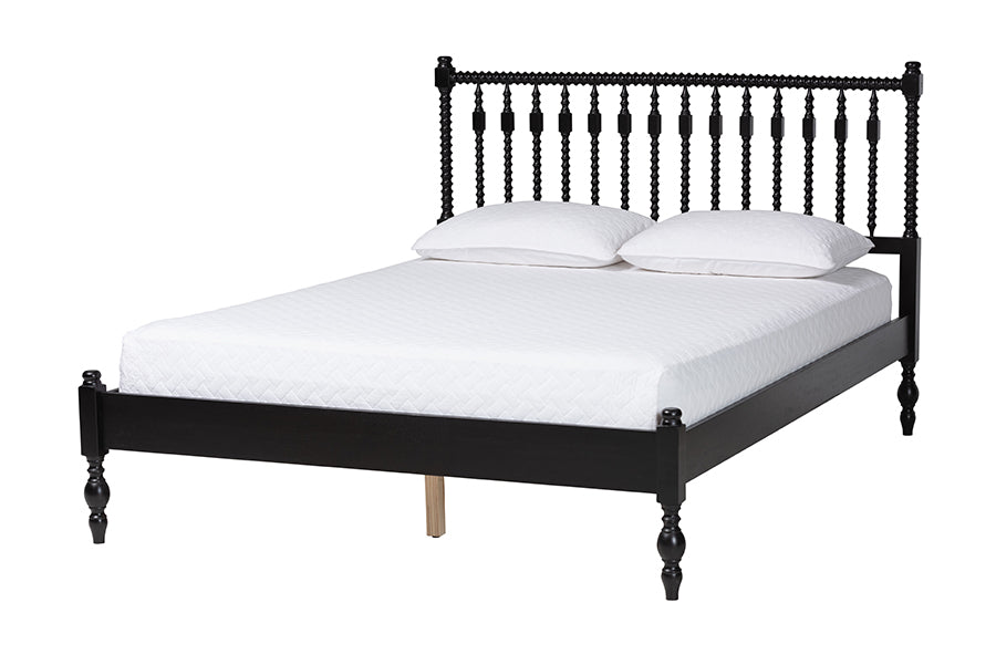 Baxton Studio Callison Spindle Platform Bed - Turned Farmhouse Bed Frame with Spoked Headboard and Sculpted Legs, Black, Queen