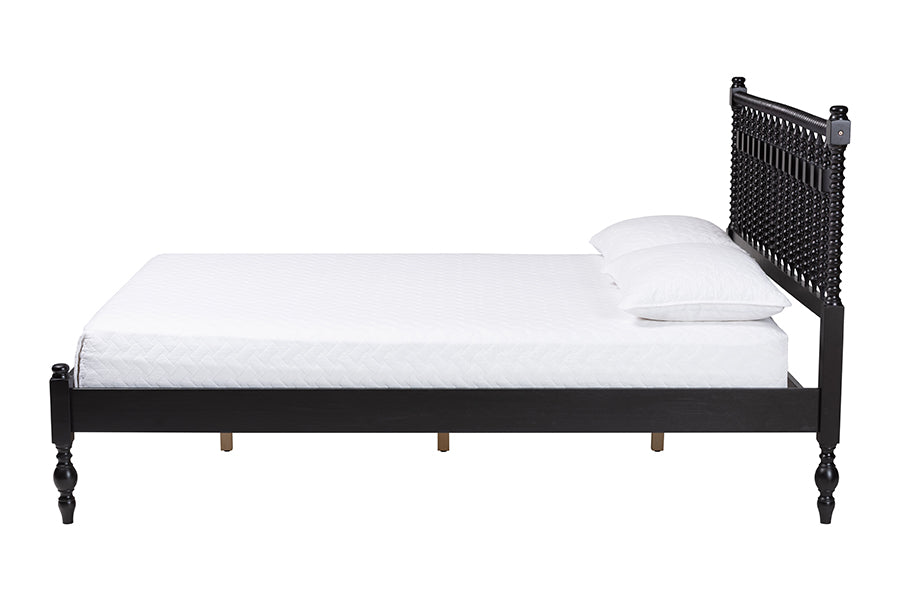 Baxton Studio Callison Spindle Platform Bed - Turned Farmhouse Bed Frame with Spoked Headboard and Sculpted Legs, Black, Queen