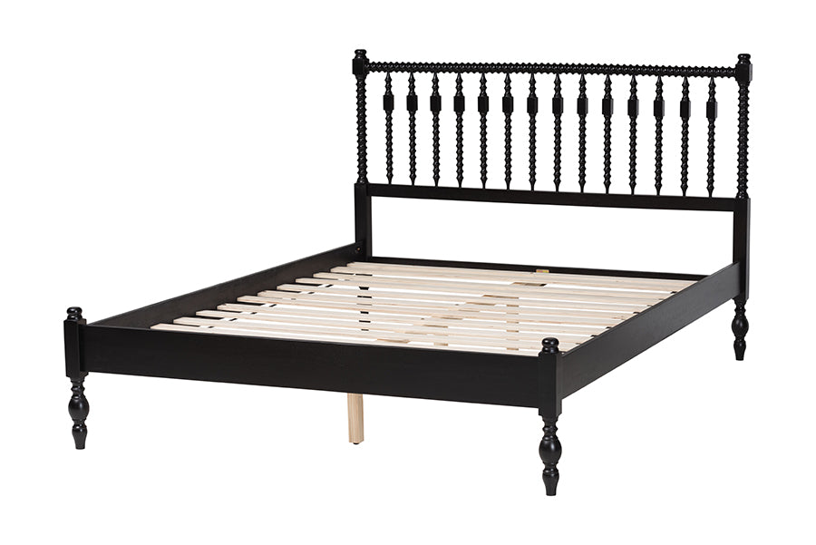 Baxton Studio Callison Spindle Platform Bed - Turned Farmhouse Bed Frame with Spoked Headboard and Sculpted Legs, Black, Full