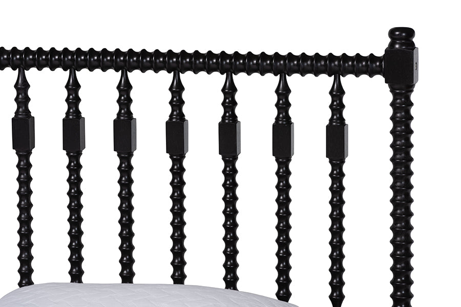 Baxton Studio Callison Spindle Platform Bed - Turned Farmhouse Bed Frame with Spoked Headboard and Sculpted Legs, Black, Queen