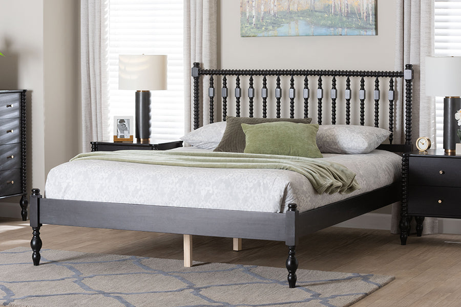Baxton Studio Callison Spindle Platform Bed - Turned Farmhouse Bed Frame with Spoked Headboard and Sculpted Legs, Black, Full