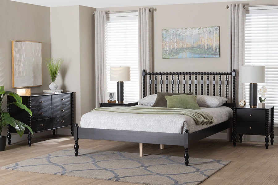 Baxton Studio Callison Spindle 4-Piece Bedroom Set - Farmhouse Platform Bed with Matching Dresser and 2-Drawer Nightstands, Black, Queen