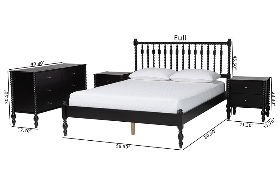 Baxton Studio Callison Spindle 4-Piece Bedroom Set - Farmhouse Platform Bed with Matching Dresser and 2-Drawer Nightstands, Black, Queen