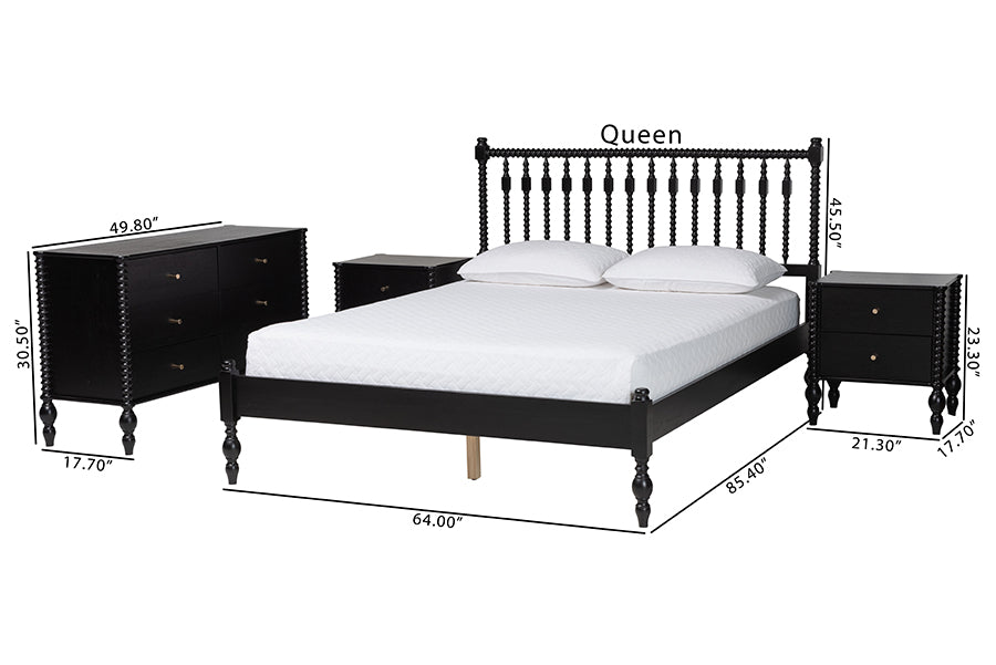 Baxton Studio Callison Spindle 4-Piece Bedroom Set - Farmhouse Platform Bed with Matching Dresser and 2-Drawer Nightstands, Black, Queen