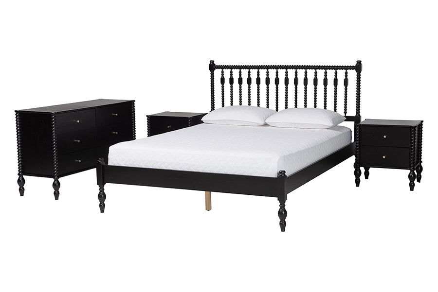 Baxton Studio Callison Spindle 4-Piece Bedroom Set - Farmhouse Platform Bed with Matching Dresser and 2-Drawer Nightstands, Black, Full
