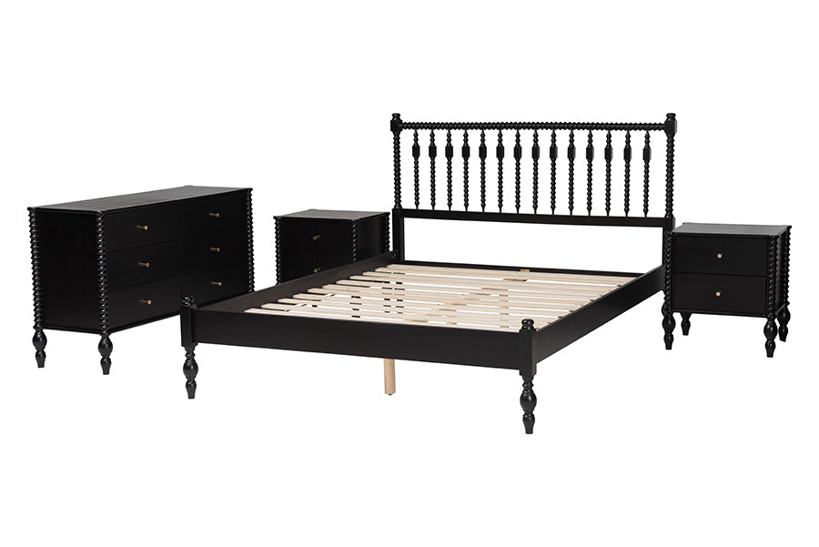 Baxton Studio Callison Spindle 4-Piece Bedroom Set - Farmhouse Platform Bed with Matching Dresser and 2-Drawer Nightstands, Black, Queen
