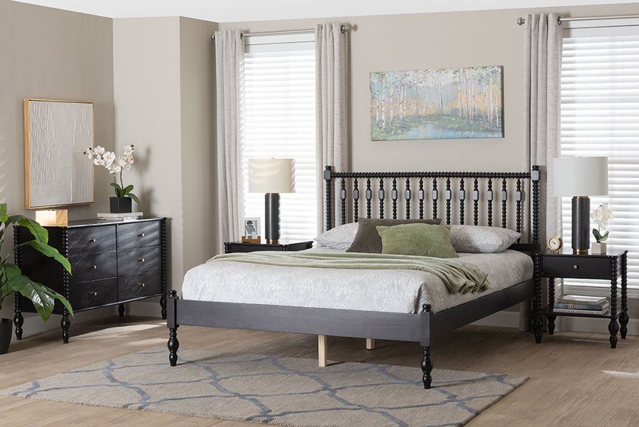 Baxton Studio Denita Spindle 4-Piece Bedroom Set - Farmhouse Platform Bed with Matching Dresser and 1-Drawer Nightstands, Black, Queen