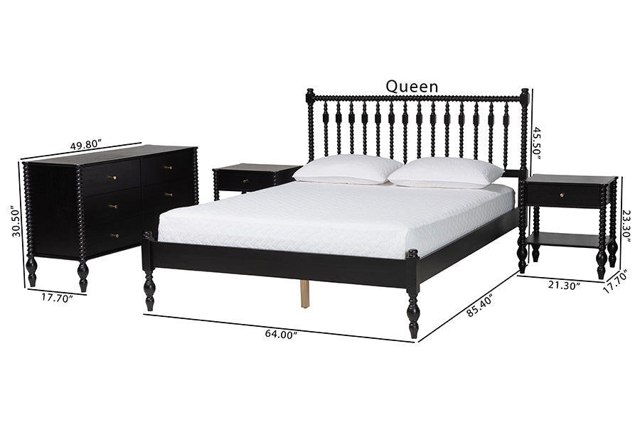 Baxton Studio Denita Spindle 4-Piece Bedroom Set - Farmhouse Platform Bed with Matching Dresser and 1-Drawer Nightstands, Black, Full