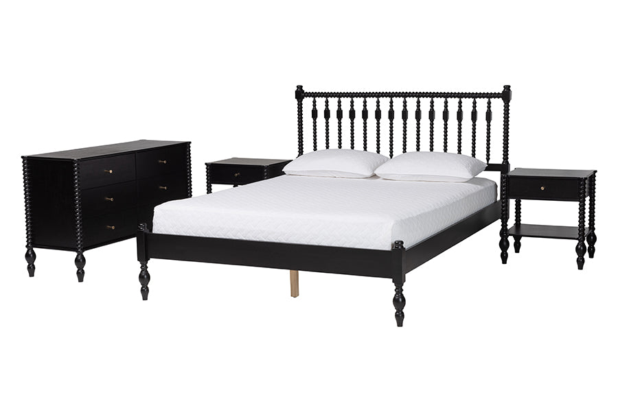 Baxton Studio Denita Spindle 4-Piece Bedroom Set - Farmhouse Platform Bed with Matching Dresser and 1-Drawer Nightstands, Black, Full