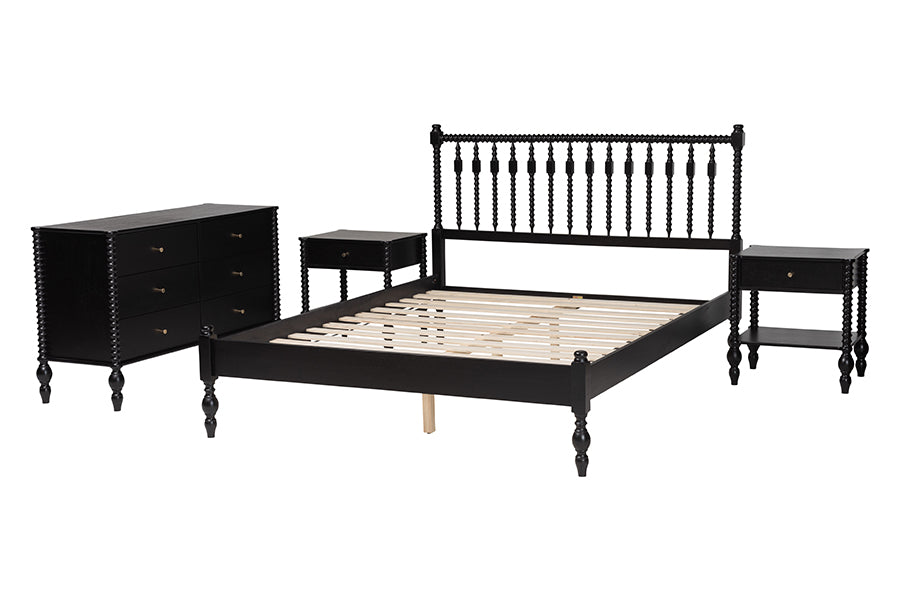 Baxton Studio Denita Spindle 4-Piece Bedroom Set - Farmhouse Platform Bed with Matching Dresser and 1-Drawer Nightstands, Black, Full