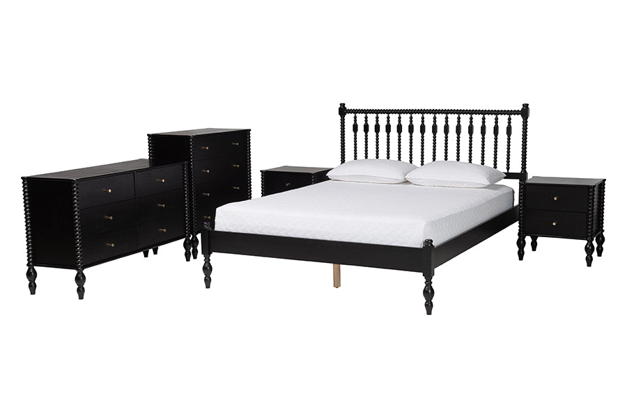 Baxton Studio Callison Spindle 5-Piece Bedroom Set - Farmhouse Platform Bed with Matching Dresser, Chest, and 2-Drawer Nightstands, Black, Full