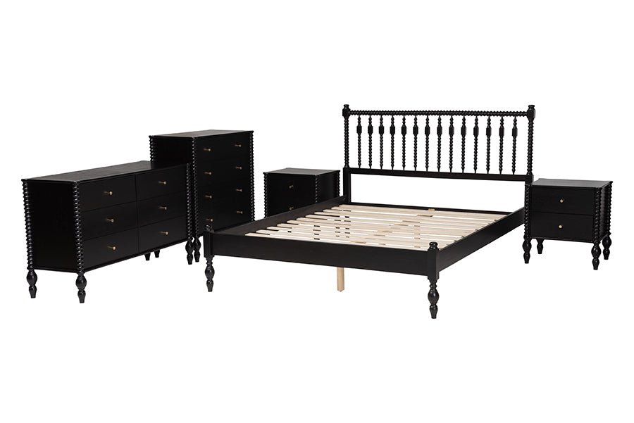 Baxton Studio Callison Spindle 5-Piece Bedroom Set - Farmhouse Platform Bed with Matching Dresser, Chest, and 2-Drawer Nightstands, Black, Queen