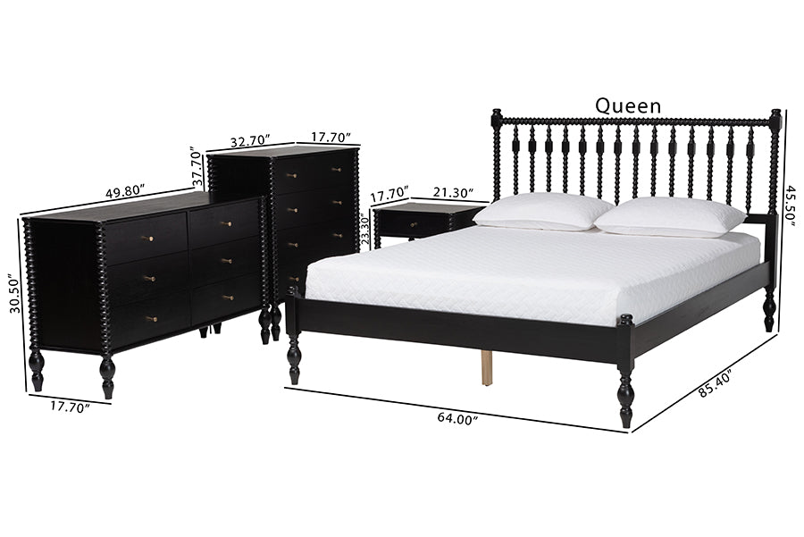 Baxton Studio Denita Spindle 4-Piece Bedroom Set - Farmhouse Platform Bed with Matching Dresser, Chest, and 1-Drawer Nightstand, Black, Queen