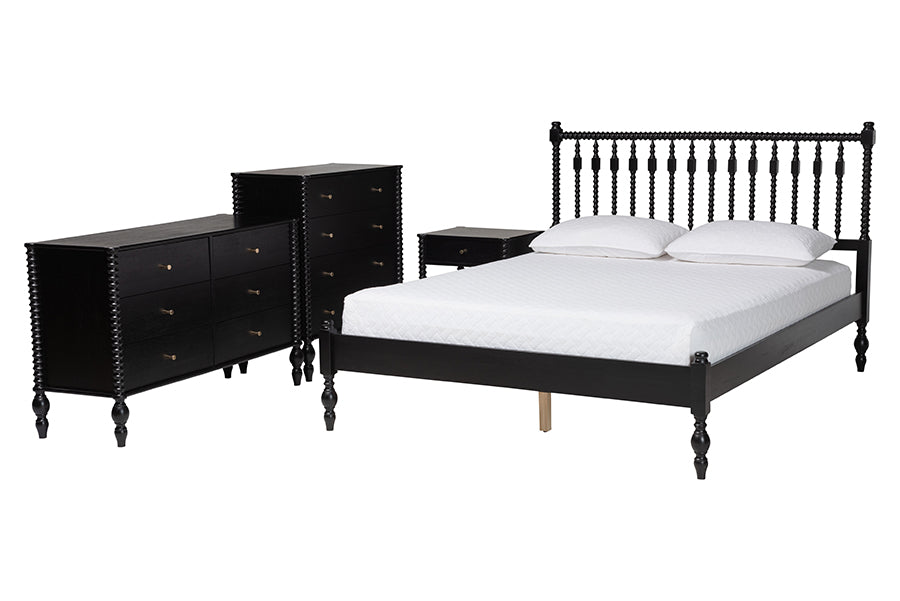 Baxton Studio Denita Spindle 4-Piece Bedroom Set - Farmhouse Platform Bed with Matching Dresser, Chest, and 1-Drawer Nightstand, Black, Full
