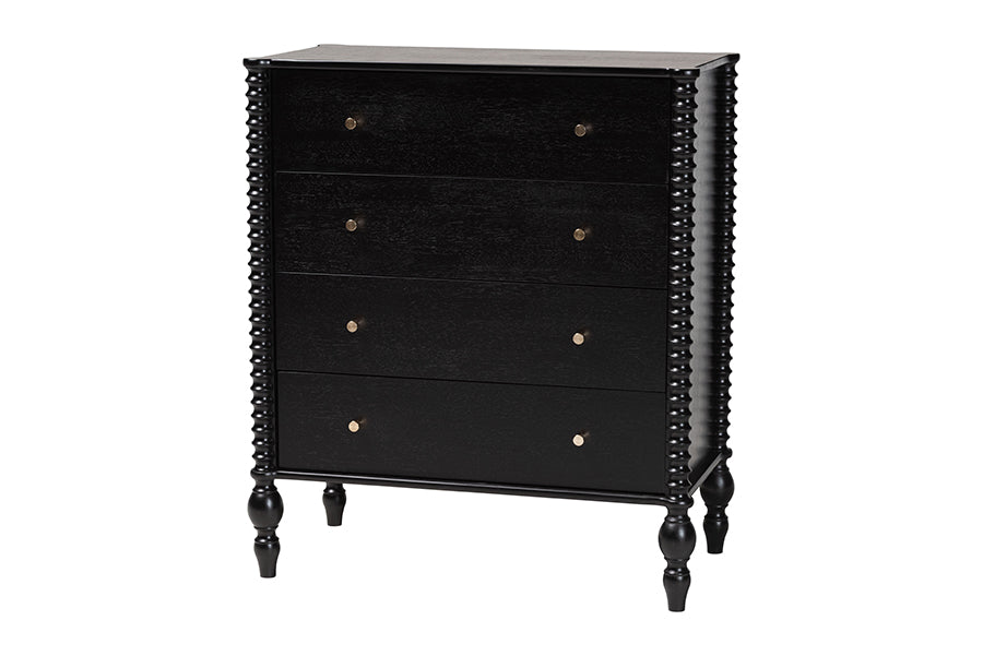 Baxton Studio Denita Spindle 4-Piece Bedroom Set - Farmhouse Platform Bed with Matching Dresser, Chest, and 1-Drawer Nightstand, Black, Full