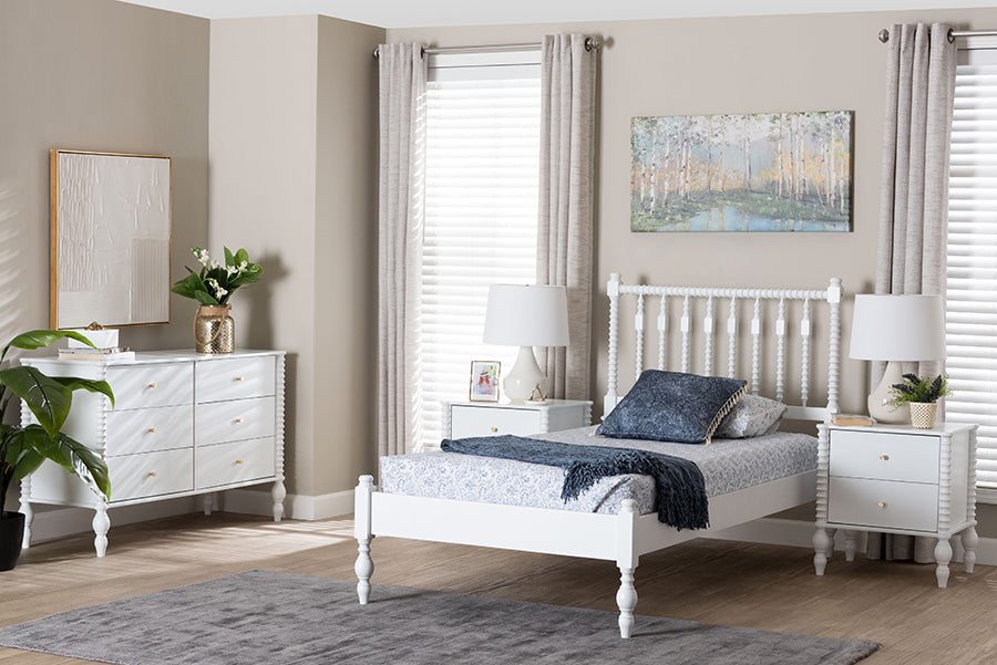 Baxton Studio Callison Spindle 4-Piece Bedroom Set - Farmhouse Platform Bed with Matching Dresser and 2-Drawer Nightstands, White, Twin
