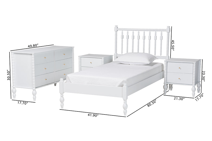 Baxton Studio Callison Spindle 4-Piece Bedroom Set - Farmhouse Platform Bed with Matching Dresser and 2-Drawer Nightstands, White, Twin