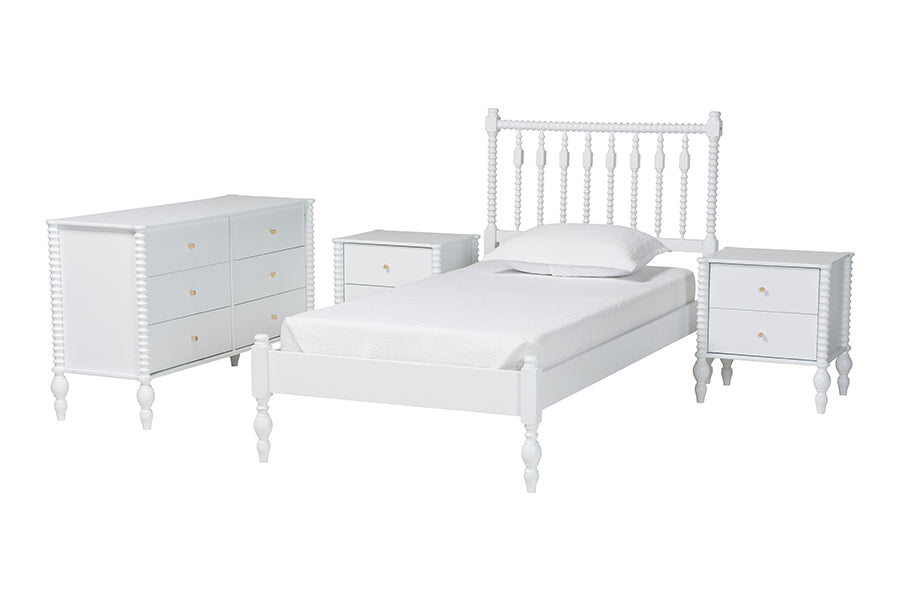 Baxton Studio Callison Spindle 4-Piece Bedroom Set - Farmhouse Platform Bed with Matching Dresser and 2-Drawer Nightstands, White, Twin
