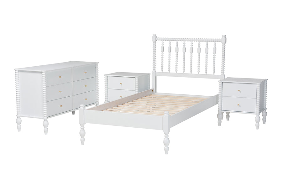 Baxton Studio Callison Spindle 4-Piece Bedroom Set - Farmhouse Platform Bed with Matching Dresser and 2-Drawer Nightstands, White, Twin
