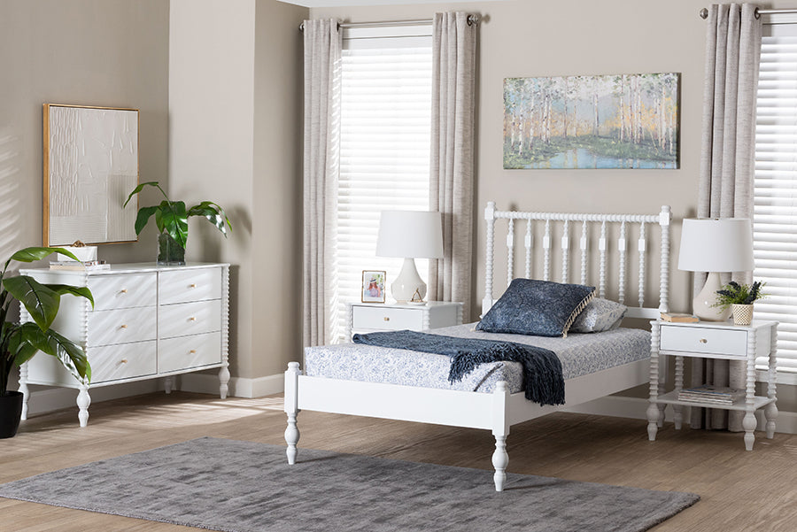 Baxton Studio Denita Spindle 4-Piece Bedroom Set - Farmhouse Platform Bed with Matching Dresser and 1-Drawer Nightstands, White, Twin