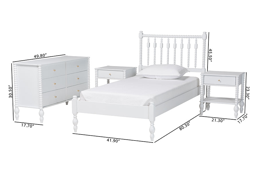Baxton Studio Denita Spindle 4-Piece Bedroom Set - Farmhouse Platform Bed with Matching Dresser and 1-Drawer Nightstands, White, Twin