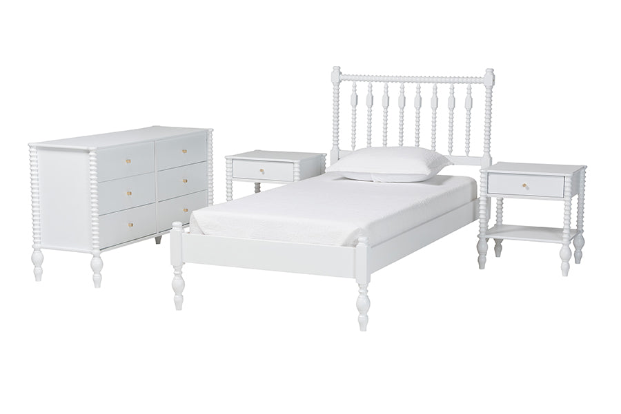 Baxton Studio Denita Spindle 4-Piece Bedroom Set - Farmhouse Platform Bed with Matching Dresser and 1-Drawer Nightstands, White, Twin