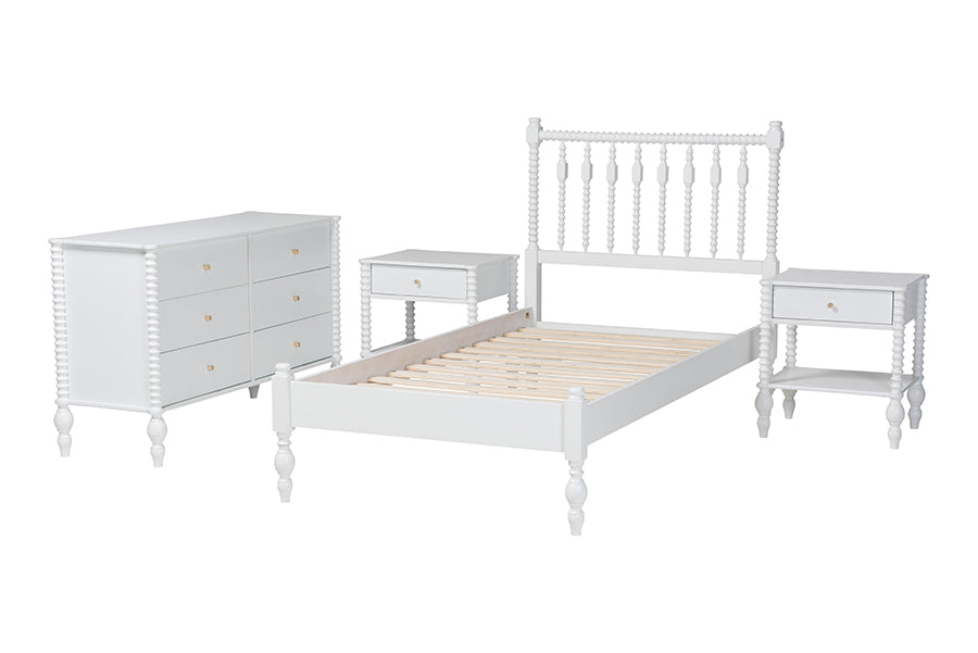 Baxton Studio Denita Spindle 4-Piece Bedroom Set - Farmhouse Platform Bed with Matching Dresser and 1-Drawer Nightstands, White, Twin