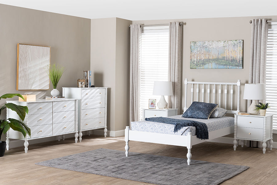 Baxton Studio Callison Spindle 5-Piece Bedroom Set - Farmhouse Platform Bed with Matching Dresser, Chest, and 2-Drawer Nightstands, White, Twin