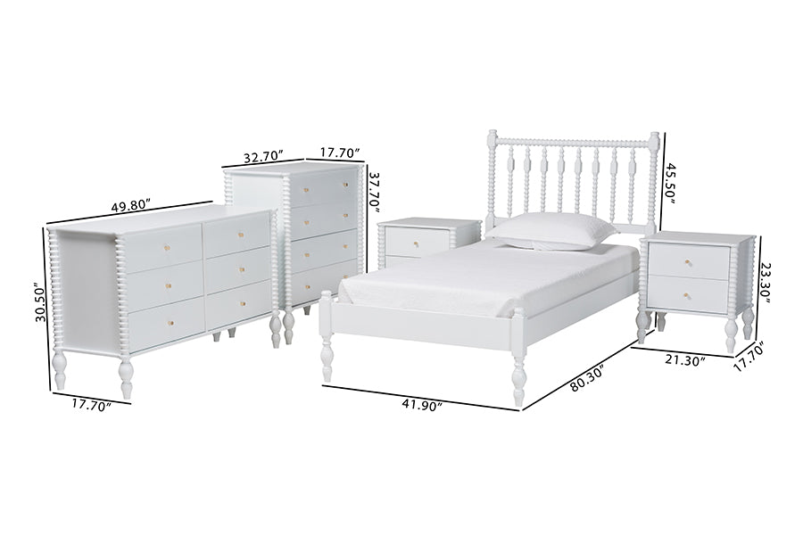 Baxton Studio Callison Spindle 5-Piece Bedroom Set - Farmhouse Platform Bed with Matching Dresser, Chest, and 2-Drawer Nightstands, White, Twin