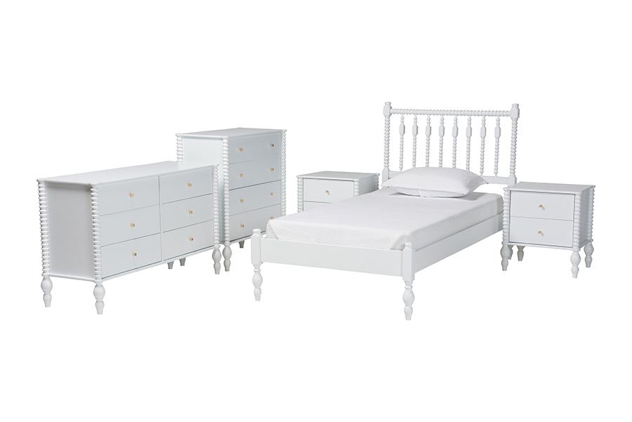 Baxton Studio Callison Spindle 5-Piece Bedroom Set - Farmhouse Platform Bed with Matching Dresser, Chest, and 2-Drawer Nightstands, White, Twin