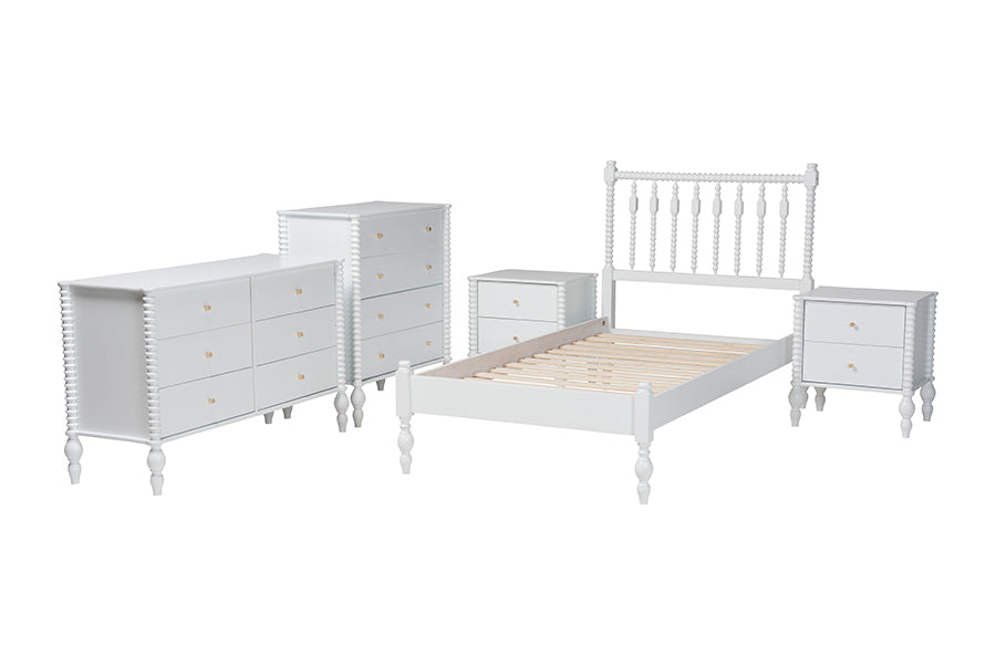Baxton Studio Callison Spindle 5-Piece Bedroom Set - Farmhouse Platform Bed with Matching Dresser, Chest, and 2-Drawer Nightstands, White, Twin