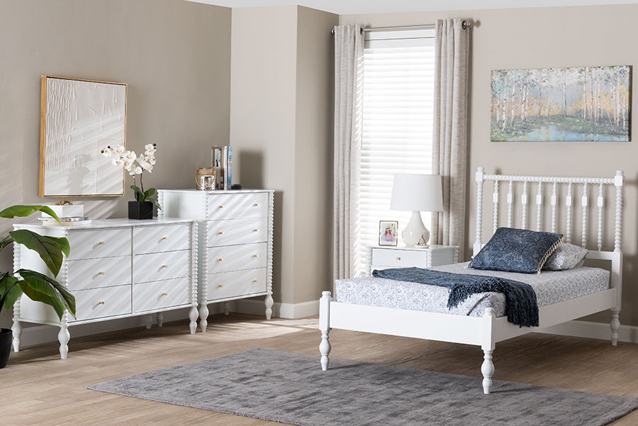 Baxton Studio Denita Spindle 4-Piece Bedroom Set - Farmhouse Platform Bed with Matching Dresser, Chest, and 1-Drawer Nightstand, White, Twin