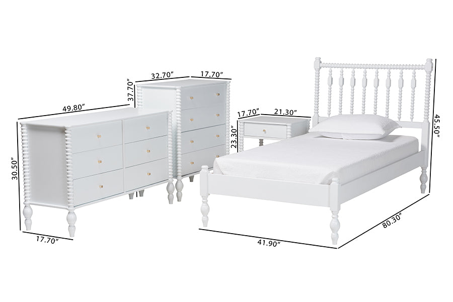 Baxton Studio Denita Spindle 4-Piece Bedroom Set - Farmhouse Platform Bed with Matching Dresser, Chest, and 1-Drawer Nightstand, White, Twin