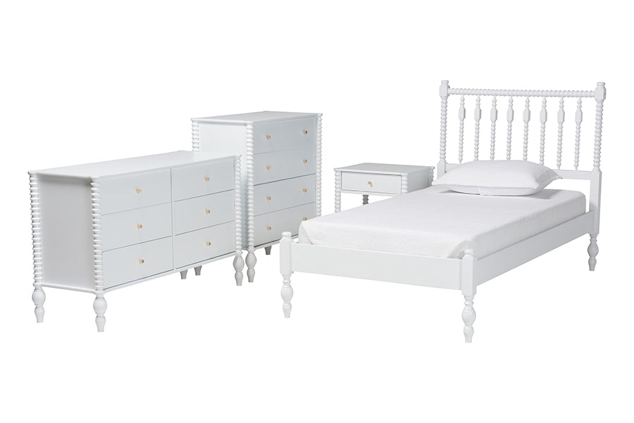 Baxton Studio Denita Spindle 4-Piece Bedroom Set - Farmhouse Platform Bed with Matching Dresser, Chest, and 1-Drawer Nightstand, White, Twin