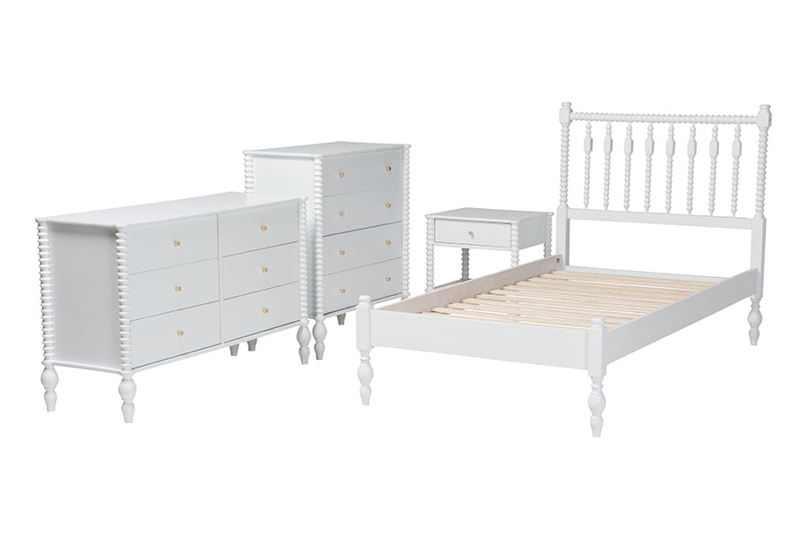 Baxton Studio Denita Spindle 4-Piece Bedroom Set - Farmhouse Platform Bed with Matching Dresser, Chest, and 1-Drawer Nightstand, White, Twin