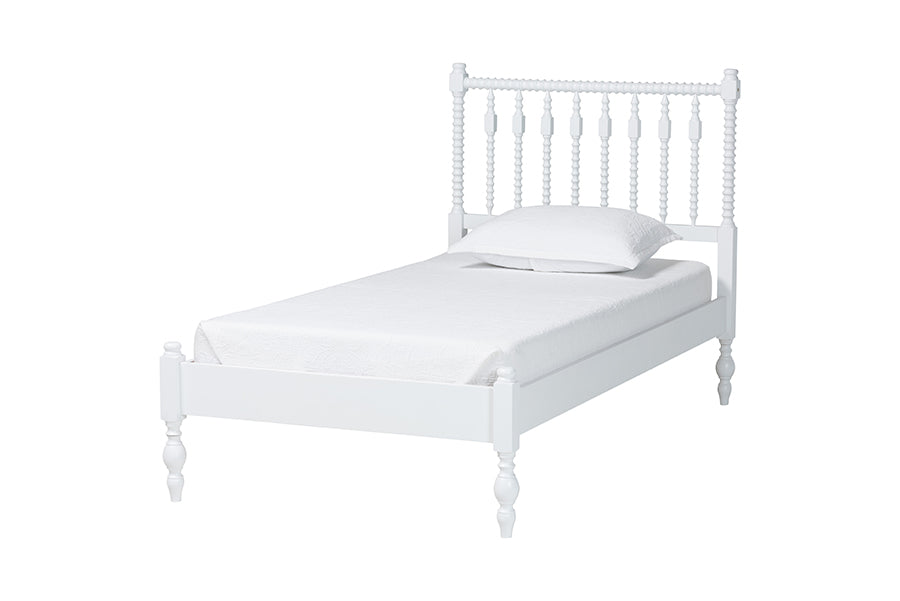 Baxton Studio Callison Spindle Platform Bed - Turned Farmhouse Bed Frame with Spoked Headboard and Sculpted Legs, White, Twin
