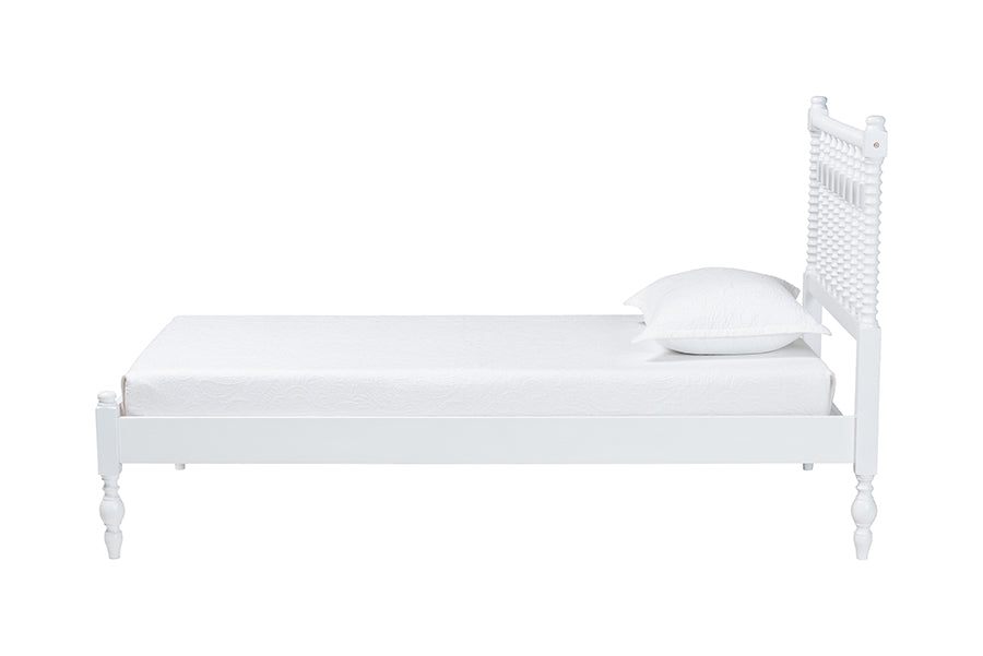 Baxton Studio Callison Spindle Platform Bed - Turned Farmhouse Bed Frame with Spoked Headboard and Sculpted Legs, White, Twin