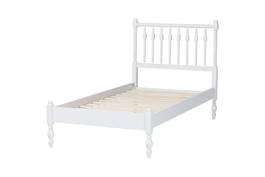 Baxton Studio Callison Spindle Platform Bed - Turned Farmhouse Bed Frame with Spoked Headboard and Sculpted Legs, White, Twin