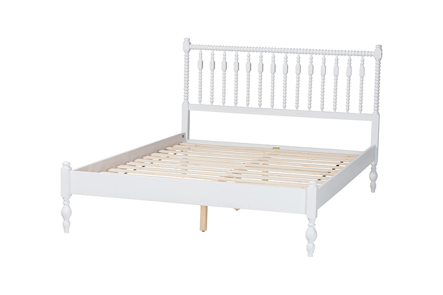 Baxton Studio Callison Spindle Platform Bed - Turned Farmhouse Bed Frame with Spoked Headboard and Sculpted Legs, White, Queen