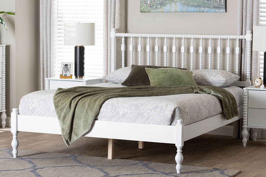 Baxton Studio Callison Spindle Platform Bed - Turned Farmhouse Bed Frame with Spoked Headboard and Sculpted Legs, White, Full