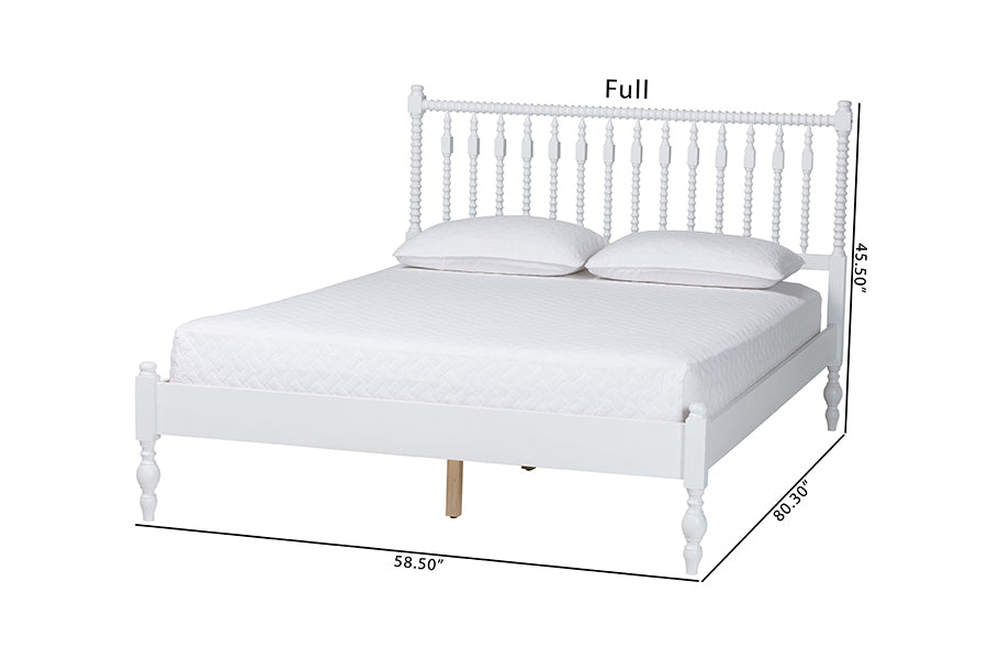 Baxton Studio Callison Spindle Platform Bed - Turned Farmhouse Bed Frame with Spoked Headboard and Sculpted Legs, White, Full