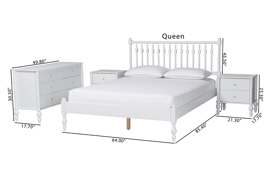 Baxton Studio Callison Spindle 4-Piece Bedroom Set - Farmhouse Platform Bed with Matching Dresser and 2-Drawer Nightstands, White, Queen
