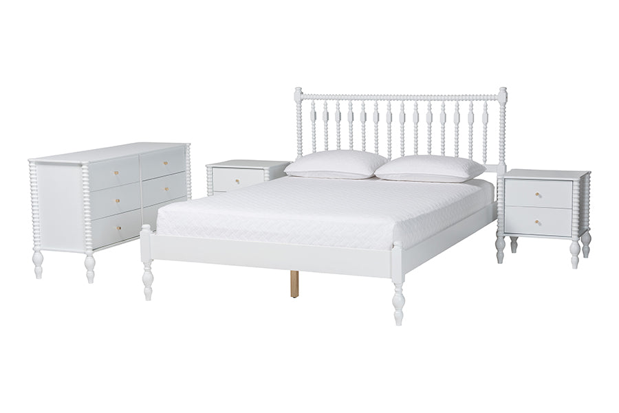 Baxton Studio Callison Spindle 4-Piece Bedroom Set - Farmhouse Platform Bed with Matching Dresser and 2-Drawer Nightstands, White, Queen